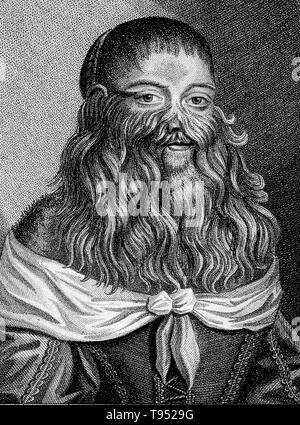 Barbara van Beck (18. Februar 1629-?) war eine deutsche Frau, die von einer seltenen genetischen Erkrankung, hypertrichosis Universalis, auch als Schloss Ambras oder Werwolf Syndrom bekannt ist. Ihre Eltern hatten keine Zeichen dieser erblichen Zustand so ihre Geburt muss eine große Überraschung auf Sie. Sie kam zuerst zum Vorsprung im Jahre 1639, wenn der Anatom Thomas Bartholin sah sie in Kopenhagen vertreten. Er stellte fest, dass ihr gesamter Körper war mit weichen, blonden Haaren bedeckt und einer üppigen Bart". Stockfoto