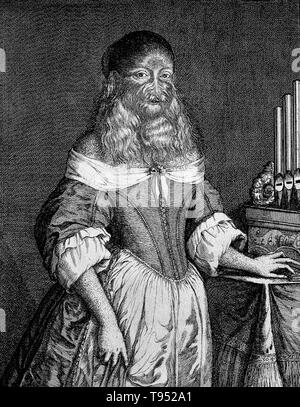 Barbara van Beck (18. Februar 1629-?) war eine deutsche Frau, die von einer seltenen genetischen Erkrankung, hypertrichosis Universalis, auch als Schloss Ambras oder Werwolf Syndrom bekannt ist. Ihre Eltern hatten keine Zeichen dieser erblichen Zustand so ihre Geburt muss eine große Überraschung auf Sie. Sie kam zuerst zum Vorsprung im Jahre 1639, wenn der Anatom Thomas Bartholin sah sie in Kopenhagen vertreten. Er stellte fest, dass ihr gesamter Körper war mit weichen, blonden Haaren bedeckt und einer üppigen Bart". Stockfoto