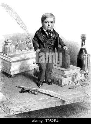 Stratton, Alter 12. Charles Sherwood Stratton (Januar 4, 1838 - Juli 15, 1883), "Allgemeinen Tom Thumb", war ein US-amerikanischer Zwerg Performer. P.T. Barnum, einem entfernten Verwandten (die Hälfte des fünften Vetter, zweimal entfernt), hörte über Stratton und nach seinen Eltern Kontakt, lehrte die Junge wie Singen, Tanzen, Mime, und berühmte Menschen ausgeben. Barnum nahmen junge Stratton auf einer Tour durch Europa, die ihn eine internationale Berühmtheit. Stockfoto