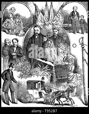 Vier Vignetten der Ehe von General Tom Thumb zu verpassen Warren. Charles Sherwood Stratton (Januar 4, 1838 - Juli 15, 1883), "Allgemeinen Tom Thumb", war ein US-amerikanischer Zwerg Performer. P.T. Barnum, einem entfernten Verwandten (die Hälfte des fünften Vetter, zweimal entfernt), hörte über Stratton und nach seinen Eltern Kontakt, lehrte die Junge wie Singen, Tanzen, Mime, und berühmte Menschen ausgeben. Barnum nahmen junge Stratton auf einer Tour durch Europa, die ihn eine internationale Berühmtheit. Stockfoto