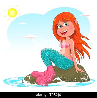 Schöne Meerjungfrau sitzt auf einem Stein. Mermaid mit roten Haaren gegen den Himmel. Stock Vektor