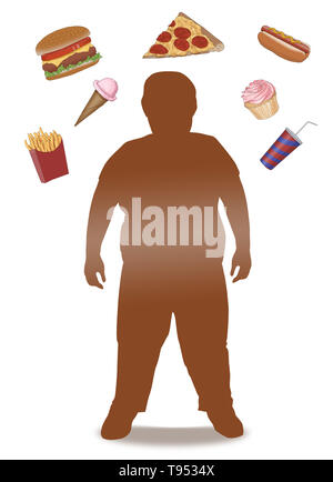 Eine Abbildung eines übergewichtigen Kind von Junk food umgeben. Stockfoto