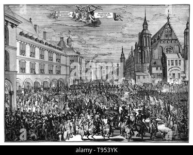 Mit dem Titel: "Die Rezeption von William III. von Orange am Hof." "William III und II (November 4, 1650 - März 8, 1702) wurde ein souveräner Fürst von Orange des Hauses Oranien-Nassau durch Geburt. Ab 1689 regierte er als William III. über England und Irland. Als König von Schottland, er ist bekannt als Wilhelm II. Im Jahre 1688 marschierte England in einer Aktion, die letztlich König James II und VII abgesetzt und gewann ihn die Kronen von England, Schottland und Irland. Stockfoto