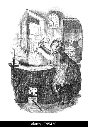 Mit dem Titel: "Die Familie Plum Pudding." Eine Frau schleppt einen großen Dampfenden Tasche aus einem riesigen Mehrwertsteuer in einer Küche. Weihnachten ist das jährliche Gedenken an die Geburt von Jesus Christus und ein weitgehend befolgt kulturelle Urlaub, feierte am 25. Dezember durch Milliarden von Menschen rund um die Welt. Ein Fest ganz zentral das christliche Kirchenjahr, schließt er die Adventszeit und initiiert der zwölf Tage von Weihnachten, das endet, nachdem die zwölfte Nacht. Stockfoto