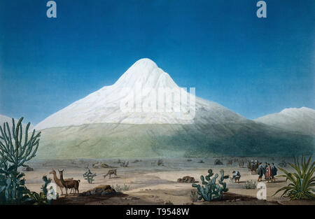 Berg Chimborazo, wie die Entdecker und Naturforscher Alexander von Humboldt in den frühen 1800er Jahren. Chimborazo ist derzeit inaktiv Stratovulkan der Cordillera Occidental Bereich der Anden. Mit einer maximalen Höhe von 6,263 m (20,548 ft) und Chimborazo ist der höchste Berg in Ecuador. Alexander von Humboldt (1769-1859) war ein preußischer Geograph, Naturforscher und Entdecker. Seine quantitative Arbeit auf botanische Geographie legte den Grundstein für das Feld der Biogeographie. Stockfoto