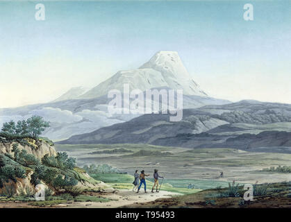 Blick auf den Vulkan Cayambe, in der Cordillera Central, ecuadorianischen Anden, Anfang 1800. Zwischen 1799 und 1804, preußischen Geograph, Naturforscher und Entdecker Alexander von Humboldt (1769-1859) ausgiebig in Lateinamerika gereist, untersuchen und beschreiben Sie zum ersten Mal in einer Art und Weise, in der Regel als eine moderne wissenschaftliche Punkt zu sein. Seine quantitative Arbeit auf botanische Geographie legte den Grundstein für das Feld der Biogeographie. Stockfoto
