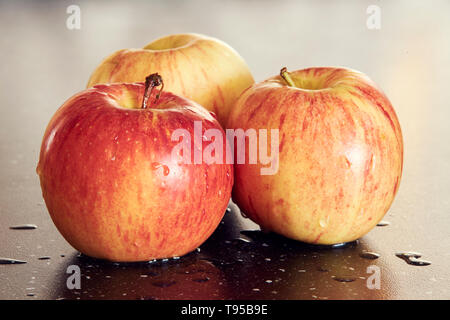 Detaillierte Makrofotografie von drei gelb-roten Äpfel auf dunklen glatten Tisch. Süße und frische Äpfel mit Wassertropfen auf dunklen Tisch mit super Bokeh. Stockfoto