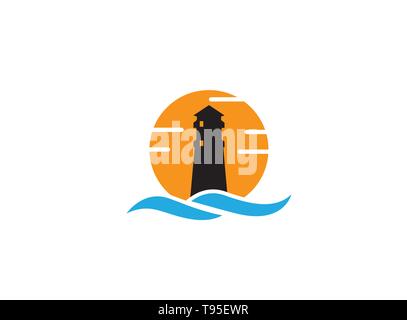 Leuchtturm auf der Insel mitten im Meer Mit der großen Sonne im Hintergrund für Logo-Design Abbildung ein Sonnenuntergangssymbol Stock Vektor
