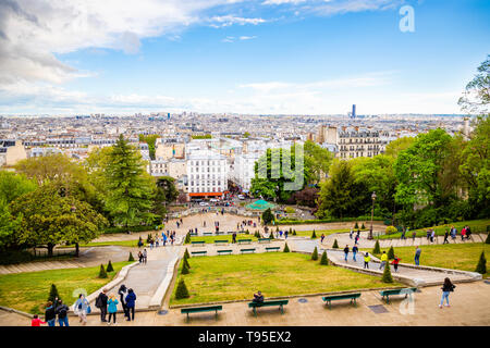 Paris, Frankreich - 24.04.2019: Schöne Luftaufnahme von Paris Sacre Coeur, Paris, Frankreich Stockfoto