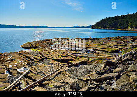 Eine felsige Küste auf einem hellen, sonnigen Tag auf Vancouver Island, British Columbia Kanada Stockfoto