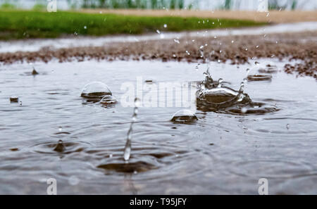 Berlin, Deutschland. 16. Mai, 2019. Regentropfen fallen in eine Pfütze und künstlerischen Formen durch die Wirkung erzeugen. Credit: Paul Zinken/dpa/Alamy leben Nachrichten Stockfoto