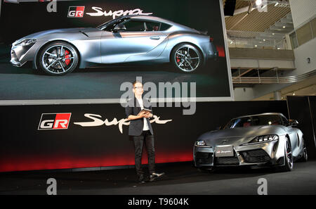 Tokio, Japan. 17 Mai, 2019. Die fünfte Generation Toyota Supra macht seine Re-Debüt in Tokio am Freitag, 17. Mai 2019, nach 17 Jahren der Abwesenheit. Die Partnerschaft mit BMW, der 2020 Modell teilt die gleichen, grundlegenden Plattform wie der neue BMW Z4. Credit: Natsuki Sakai/LBA/Alamy leben Nachrichten Stockfoto