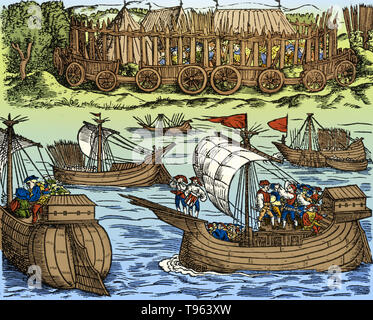 Holzschnitt aus Historien vom Gallier und der Romer, in Mainz im Jahre 1530 mit Julius Cäsar Segeln der Themse veröffentlicht. In seinem Gallischen Kriege, Julius Caesar in Britannien ein zweimal, in 55 und 54 v. Chr.. Die zweite war erfolgreicher, Einrichten einer freundlichen König, Mandubracius, und zwingen die Vorlage von seinem Rivalen, Cassivellaunus, obwohl kein Territorium erobert wurde und für Rom statt. Gaius Julius Cäsar (100-44 v. Chr.) war ein römischer General und Staatsmann. Stockfoto