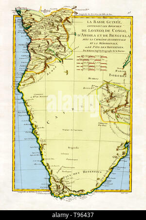 "Die Reiche der unteren Guinea einschließlich Loango, Kongo, Angola und Benguela mit Kaffraria und dem Westen des Landes der Meridionale oder Hotentots", 1788. Eine allgemeine Karte von Angola und Kongo, zeigen einige relief Informationen. Von M.Bonne, Ingenieur-Hydrographe de la Marine erstellt. Dieses Bild hat Farbe verbessert. Stockfoto