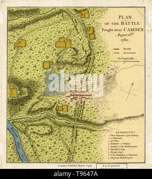 Die Schlacht von Camden war ein wichtiger Sieg für die Briten im Süden Theater der amerikanischen revolutionären Krieg. Am 16. August 1780, Britische Truppen unter Generalleutnant Charles, Lord Cornwallis die amerikanischen Streitkräfte von Major General Horatio Gates verlegt ca. 10 km (5 Meilen) nördlich von Camden, South Carolina, Stärkung der britische Einfluß auf die Carolinas nach der Gefangennahme von Charleston. Stockfoto