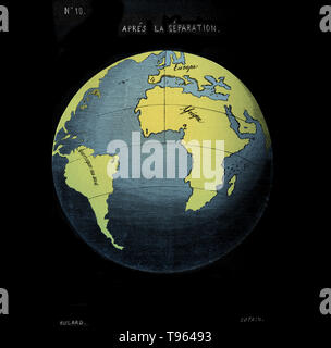 Snider-Pellegrini geologische Theorie. Karte der Kontinente vor der Trennung, wie im Jahr 1858 durch die französische Geograph Antonio Snider-Pellegrini dargestellt. Die Karte zeigt, wie die Küste der Nord- und passt die von Europa und Afrika. Snider-Pellegrini's Theorie war, dass die Kontinente durch Gott in dieser Form erstellt wurden, und wurden dann von einem vulkanischen Explosion am sechsten Tag der Schöpfung getrennt. Stockfoto