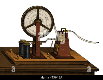 Morse signal Empfänger. Eine elektrische Telegraph wurde entwickelt und in den Vereinigten Staaten im Jahr 1837 patentierte von Samuel Morse. Seine Assistentin, Alfred Vail, entwickelte das Morsealphabet Signalisierung Alphabet mit Morse. Die Speedwell Eisenhütte in Morristown, New Jersey am 11. Januar 1838, Morse und Vail machte die erste öffentliche Demonstration des elektrischen Telegrafen. Stockfoto