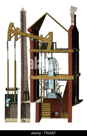 Gravur einer Newcomen Dampfmaschine, C. 1747. Historische Kunstwerke der Dampfmaschine von Thomas Newcomen (1663-1729) in 1705. Die Newcomen atmosphärischer Motor war der Erste, der einen "tragbalken" schwenkbarer Arm (oben) zwischen dem Kolben und der Pleuelstange zu übertragen. Es wurde benutzt, um Wasser aus der Kohle Minen zu pumpen. Der Kolben wurde durch den Druck der Unterdruck im Zylinder angetrieben, wodurch die Stange nach oben gezogen werden. Da der Dampf im Zylinder verdichtet der Kolben wurde gezwungen, und die Stange gezwungen. Dies ist die erste echte Dampfmaschine. Stockfoto