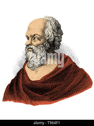 Sokrates (469-399 v. Chr.) war ein klassischen griechischen Athenischen Philosophen. Als einer der Gründer der westlichen Philosophie gutgeschrieben, ist er vor allem durch die Konten der späteren klassischen Autoren bekannt, vor allem die Schriften von seinem Schüler Platon und Xenophon, und die Stücke seiner zeitgenössischen Aristophanes. Stockfoto