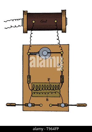 Gerät zur Erzeugung von Elektrizität von High Potentials und schnelle Wechsel; L) Leyden jar, O) Entschlacker, P) primäre Kabel, S) Sekundäre Draht. Elektrotherapie ist die Nutzung der elektrischen Energie als medizinische Behandlung. In der Medizin wird der Begriff elektrotherapie können für eine Vielzahl von Anwendungen, einschließlich der Verwendung von elektrischen Geräten wie tief Gehirn Stimulatoren für neurologische Krankheit gelten. Der Begriff hat auch speziell auf die Verwendung von elektrischem Strom die Wundheilung zu beschleunigen angewendet wurden. Stockfoto