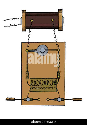 Gerät zur Erzeugung von Elektrizität von High Potentials und schnelle Wechsel; L) Leyden jar, O) Entschlacker, P) primäre Kabel, S) Sekundäre Draht. Elektrotherapie ist die Nutzung der elektrischen Energie als medizinische Behandlung. In der Medizin wird der Begriff elektrotherapie können für eine Vielzahl von Anwendungen, einschließlich der Verwendung von elektrischen Geräten wie tief Gehirn Stimulatoren für neurologische Krankheit gelten. Der Begriff hat auch speziell auf die Verwendung von elektrischem Strom die Wundheilung zu beschleunigen angewendet wurden. Stockfoto