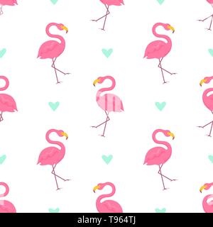 Nahtlose Muster mit rosa Flamingos und Türkis Herz auf weißem Hintergrund. Vector Illustration. Stock Vektor