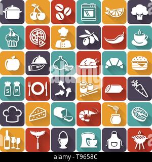 Essen und Kochen flachbild Symbole. Der weiße Symbole für ein kulinarisches Thema. Gesundes und ungesundes Essen, Obst und Gemüse, Gewürze, Geschirr und mehr Stock Vektor