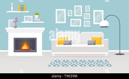 Moderne Einrichtung im Wohnzimmer. Vektor Banner. Design eines gemütlichen Zimmer mit Sofa, Kamin und Dekor Zubehör. Stock Vektor