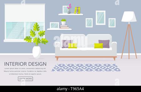 Moderne Einrichtung im Wohnzimmer. Vektor Banner mit Platz für Text. Design eines gemütlichen Zimmer mit Sofa, Fenster, Lampe und Dekor Zubehör. Stock Vektor