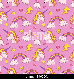 Verträumt Muster mit Einhörner und Regenbögen. Cute nahtlose Hintergrund in Pastellfarben. Vector Illustration. Stock Vektor