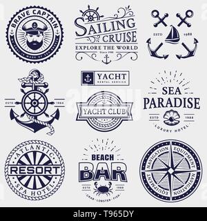 Nautik Typografie Abzeichen. Vektor Vorlagen für Segeln, yachting, Resort Hotel, Navigation und andere Themen. Stock Vektor