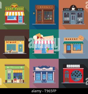 Geschäfte und Veranstaltungsorte Store Fronten flache Bauweise lange Schatten Vector Illustration Stock Vektor