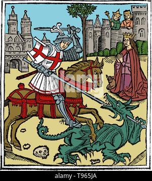 Saint George (275/281 - 23. April, 303 AD) war ein Soldat in der römischen Armee später verehrt als christlicher Märtyrer. Er ist einer der am meisten verehrten Heiligen in der katholischen, anglikanischen, orthodoxen und den Orientalisch-orthodoxen Kirchen. Er ist unsterblich in die Geschichte von St. George und der Drache und ist einer der Vierzehn Nothelfer. Die Episode von St. George und der Drache war eine Legende wieder mit den Kreuzfahrern. Stockfoto