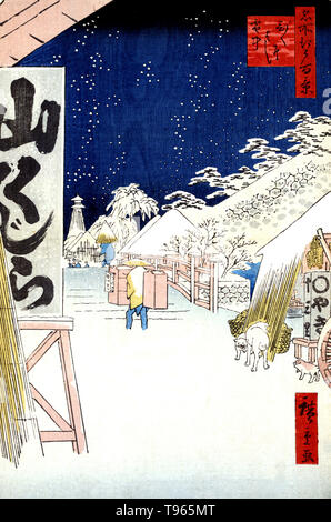 Bikunibashi setchu. Bikuni im Schnee. Porter wandern in Knöcheltief Schnee am Ansatz der Bikuni Brücke. Ukiyo-e (Bilder der fließenden Welt) ist ein Genre der japanischen Kunst, die vom 17. bis 19. Jahrhundert blühte. Ukiyo-e war zentral für die Wahrnehmung des Westens für Japanische Kunst im späten 19. Jahrhundert. Die Landschaft Genre hat kommen die westlichen Auffassungen von Ukiyo-e zu beherrschen. Stockfoto