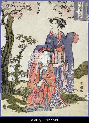 Osome jushichiya Hisamatsu chikai no Machi. Das Paar Osome und Hisamatsu Anzeigen der Mitte August Moon. Ukiyo-e (Bilder der fließenden Welt) ist ein Genre der japanischen Kunst, die vom 17. bis 19. Jahrhundert blühte. Ukiyo-e war zentral für die Wahrnehmung des Westens für Japanische Kunst im späten 19. Jahrhundert. Aus den 1870er Jahren Japonismus zu einem bedeutenden Trend und hatte einen starken Einfluss auf die frühen Impressionisten, sowie Post-Impressionists und Jugendstil Künstler. Stockfoto