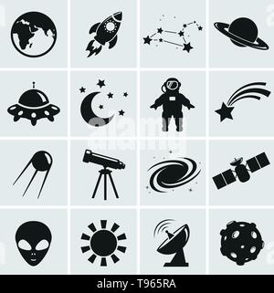 Sammlung von 16 Raumfahrt und Astronomie Symbole. Vector Illustration. Stock Vektor