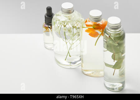 Organische Schönheit Produkte in durchsichtigen Flaschen mit Kräuter, Blätter und Wildblumen auf weißen Tisch isoliert auf Grau Stockfoto