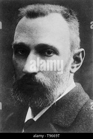 Pierre Curie (15. Mai 1859 - 19. April 1906)) war ein französischer Physiker, Nobelpreisträger, ein Pionier in der Kristallographie, Magnetismus, piezoelektrizität und Radioaktivität. Im Jahr 1903 erhielt er den Nobelpreis für Physik zusammen mit seiner Frau, Marie Sklodowska-Curie Salomea und Henri Becquerel. Er studierte Ferromagnetismus und diamagnetismus, paramagnetismus, für seine Doktorarbeit, und entdeckte die Wirkung der Temperatur auf paramagnetismus das jetzt als Curie's Gesetz bekannt. Stockfoto