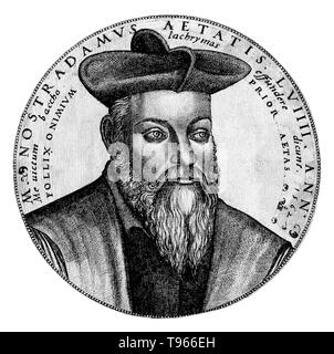Michel De Nostredame alias Nostradamus (Dezember 14 oder 21 1503 - Juli 2, 1566) war ein französischer Apotheker und renommierte Sehers. Er schrieb ein Almanach für 1550 und als Ergebnis ihrer Erfolg, fuhr fort, sie schreiben für die künftigen Jahre, als er begann seine Arbeit als Astrologe für verschiedene wohlhabende Mäzene. Seine Les Propheties, eine Sammlung von 942 poetische Vierzeiler Vorhersage zukünftiger Ereignisse. Sein Buch, die zum ersten Mal im Jahre 1555 veröffentlicht wurde, hat selten Vergriffen seit seinem Tod gewesen. Stockfoto