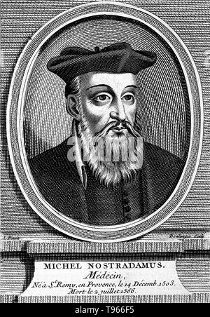 Michel De Nostredame alias Nostradamus (Dezember 14 oder 21 1503 - Juli 2, 1566) war ein französischer Apotheker und renommierte Sehers. Er schrieb ein Almanach für 1550 und als Ergebnis ihrer Erfolg, fuhr fort, sie schreiben für die künftigen Jahre, als er begann seine Arbeit als Astrologe für verschiedene wohlhabende Mäzene. Seine Les Propheties, eine Sammlung von 942 poetische Vierzeiler Vorhersage zukünftiger Ereignisse. Sein Buch, die zum ersten Mal im Jahre 1555 veröffentlicht wurde, hat selten Vergriffen seit seinem Tod gewesen. Stockfoto