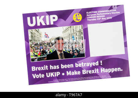 Europawahl 2019 die Packungsbeilage von Ukip, der United Kingdom Independence Party. Stockfoto