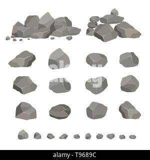 Satz von grauem Granit Steine in verschiedenen Formen. Element der Natur, Berge, Felsen, Höhlen. Mineralien, Boulder und Kopfsteinpflaster. Stock Vektor