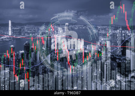 Bitcoin trading exchange Börse investment, forex mit Trend der Graph, Preis und Candle stick Chart, 3D-Darstellung der Lager crypto Währung ein Stockfoto