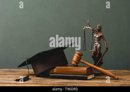 Bücher, themis Statuette, akademische Gap und Holz- oberfläche Hammer auf Grau isoliert Stockfoto