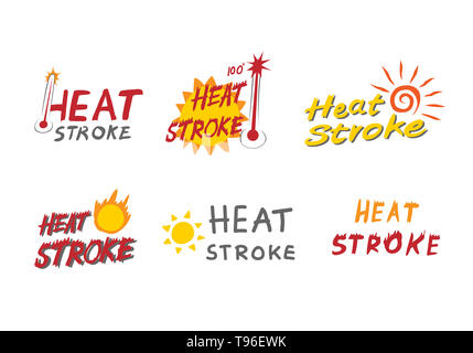Satz von Hitzschlag LOGO Konzept, Sun Schlaganfall, heißer Sommer, Bombe thermometer Vektor in flacher Bauweise Stockfoto