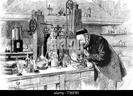 Louis Pasteur in seinem Labor. Pasteur (1822-1895) war ein französischer Chemiker und bakteriologe, der die Wissenschaft der Mikrobiologie gegründet. Pasteur entdeckte, dass Krankheit verursacht wurde, könnte durch Bakterien übertragen von Person zu Person (die Mikrobe Theorie der Krankheit). Er entwickelte auch Impfstoffe gegen Tollwut und Milzbrand. 1887 gründete er das Institut Pasteur. Schriftzug: Artist's undeutlich Signatur unten links im Print, 21. November 1885. Stockfoto