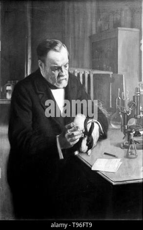 Louis Pasteur (Dezember 27, 1822 - September 28, 1895) war ein französischer Chemiker und bakteriologe, der die Wissenschaft der Mikrobiologie gegründet. Weide entdeckt, dass Krankheit verursacht wurde, könnte durch Bakterien übertragen von Person zu Person (die Mikrobe Theorie der Krankheit). Er entwickelte auch Impfstoffe gegen Tollwut und Milzbrand. Pasteur fand auch, daß leicht Heizung Nahrungsmittel und Getränke aus Säuern bewahren konnte. Die Pasteurisierung wird jetzt weit in der Lebensmittelindustrie eingesetzt. Stockfoto