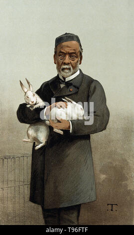 Louis Pasteur, mit zwei weißen Kaninchen in seine Arme. Louis Pasteur (Dezember 27, 1822 - September 28, 1895) war ein französischer Chemiker und bakteriologe, der die Wissenschaft der Mikrobiologie gegründet. Weide entdeckt, dass Krankheit verursacht wurde, könnte durch Bakterien übertragen von Person zu Person (die Mikrobe Theorie der Krankheit). Er entwickelte auch Impfstoffe gegen Tollwut und Milzbrand. Pasteur fand auch, daß leicht Heizung Nahrungsmittel und Getränke aus Säuern bewahren konnte. Stockfoto