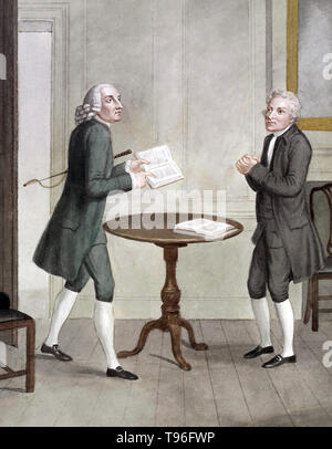 Petrus Camper Diskussion ein Papier auf der Falke, aus dem Leben von John Hunter von Jesse Foote, 1794. Petrus Camper (Mai 11, 1722 - April 7, 1789) war ein niederländischer Arzt, Anatom, Physiologe, Hebamme, Zoologe, Anthropologe, Paläontologe und Naturforscher. John Hunter (Februar 13, 1728 - Oktober 16, 1793) war ein schottischer Chirurg. Er war ein früher Verfechter der sorgfältigen Beobachtung, wissenschaftliche Methode in der Medizin und eine hervorragende Anatom. Stockfoto