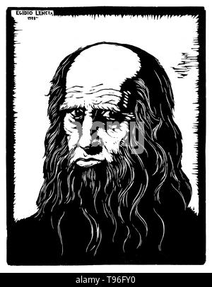 Leonardo di ser Piero da Vinci (April 15, 1452 - Mai 2, 1519) war ein italienischer Renaissance Universalgelehrten: Maler, Bildhauer, Architekt, Musiker, Mathematiker, Ingenieur, Erfinder, Anatom, Geologe, Kartograph, Botaniker und Schriftsteller. Sein Genius, vielleicht mehr als jede andere Figur, verkörpert der Renaissance humanistisches Ideal, die häufig als Archetyp der Renaissance Mensch beschrieben worden Die Vervielfältigung von holzschnitt von Egidio Lenci, 1928. Stockfoto
